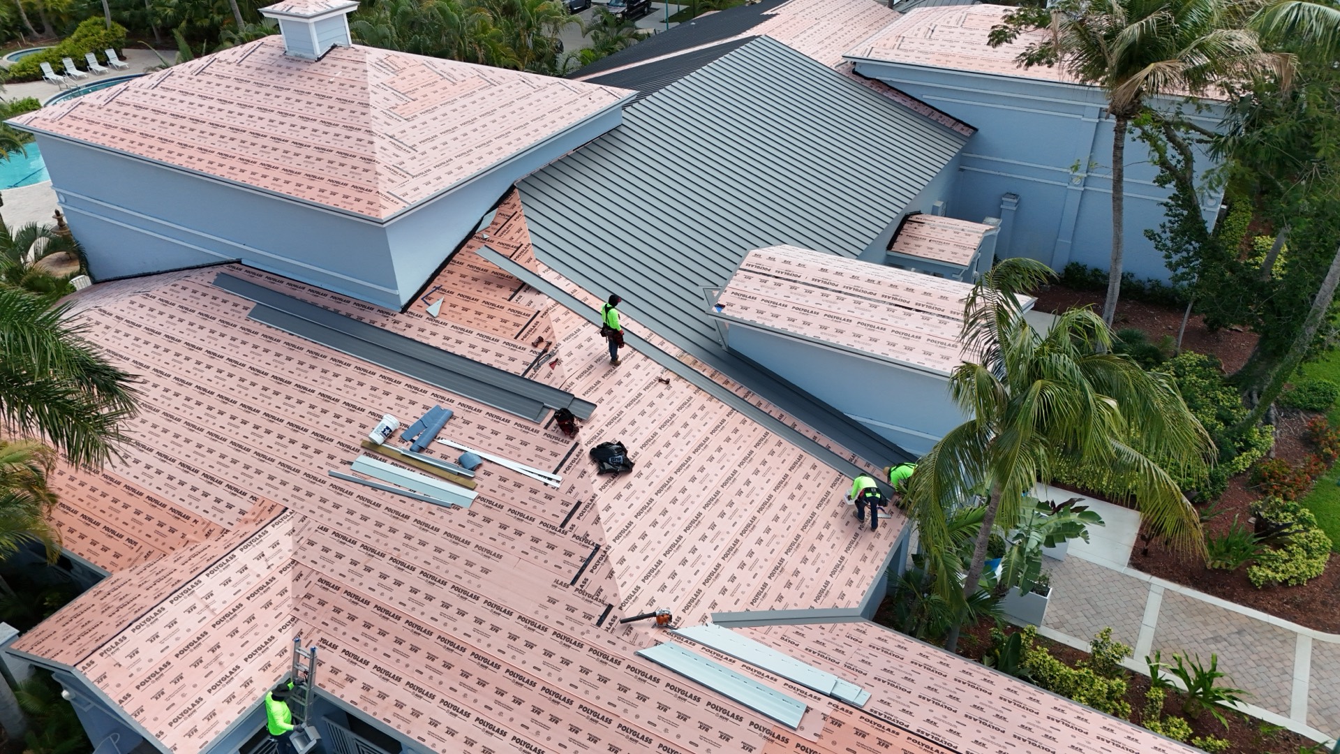 Aerial view, underlayment phase of a metal re-roof - AJF Roofing